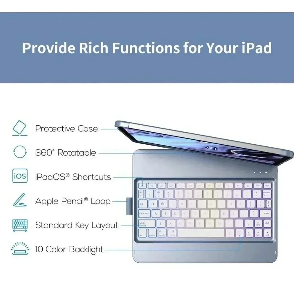 360° Keyboard Case For iPad Pro 11” 4th/3rd/2nd/1st‎ Generation 10 Color Backlit